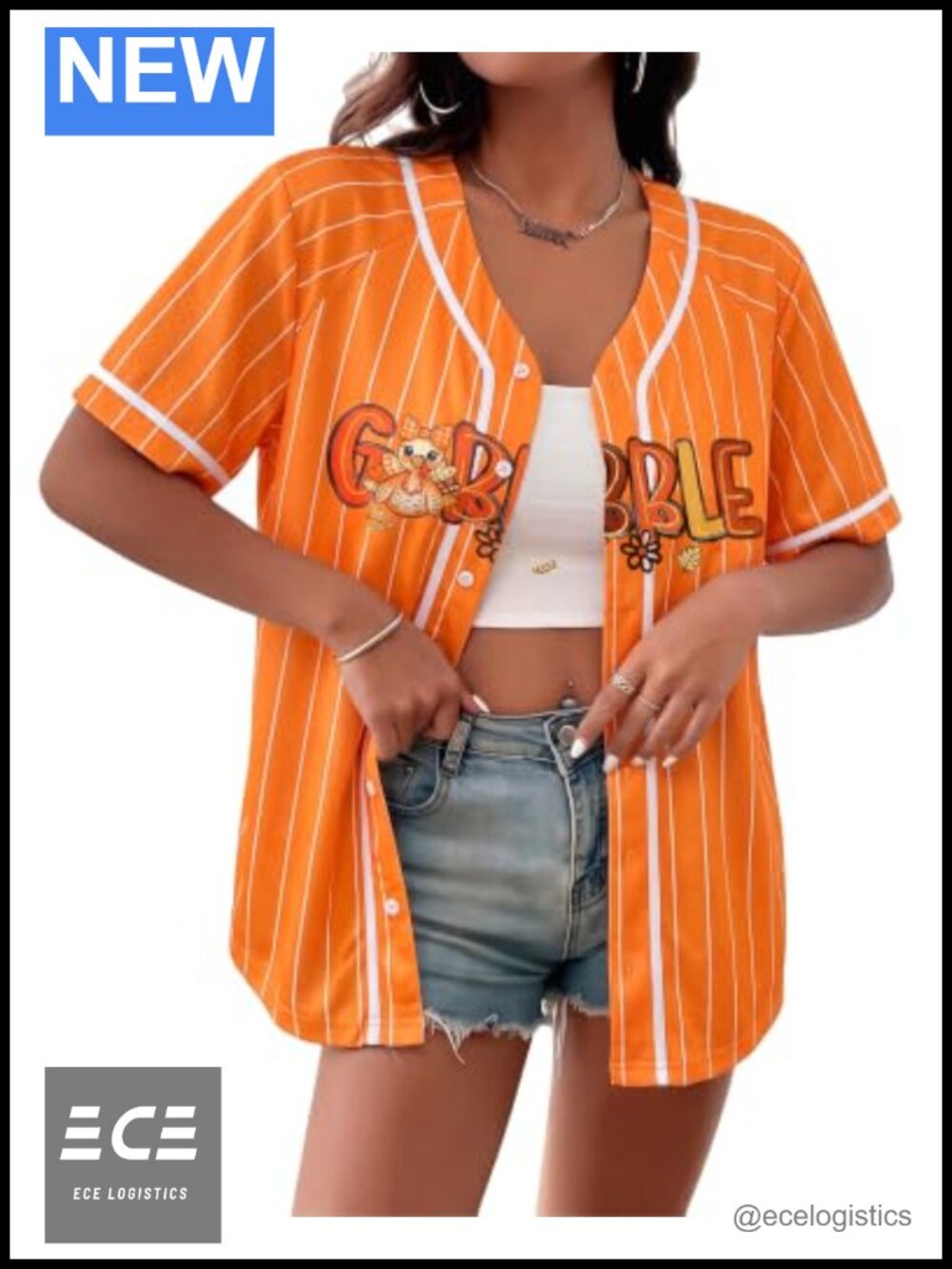 Women Halloween Baseball Jersey GOBBLE Turkey Print Short Sleeve V-Neck Top